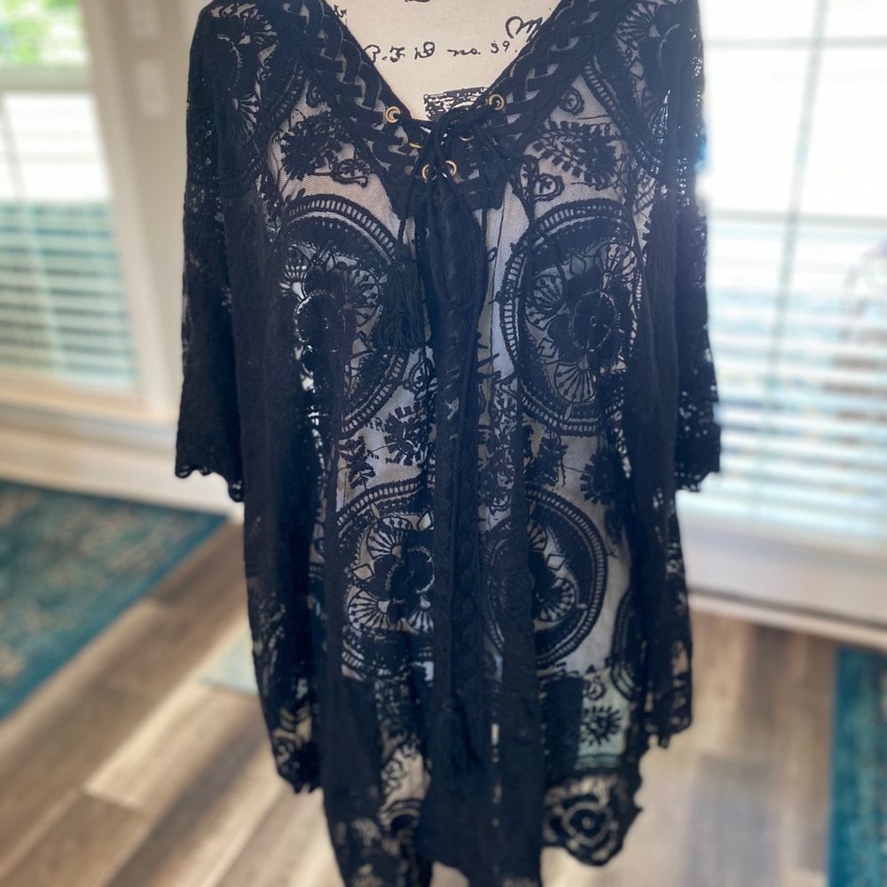 Umgee Black Lace Lace Up Tunic Boho